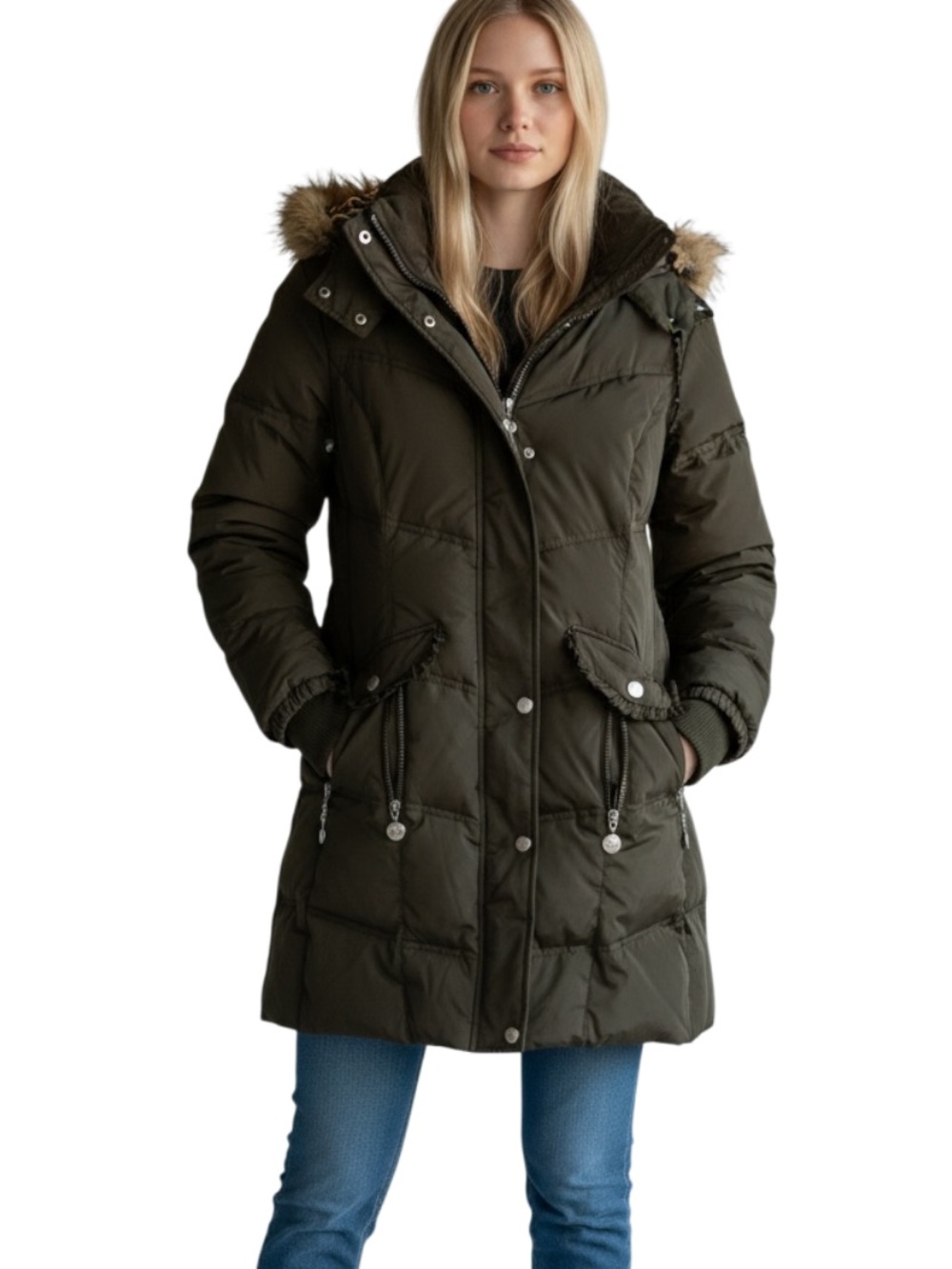 Betsey Johnson Dark Olive Hooded Puffer Coat with Faux Fur Trim